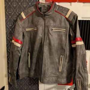 Men's Stylish Gray and Red Leather Jacket